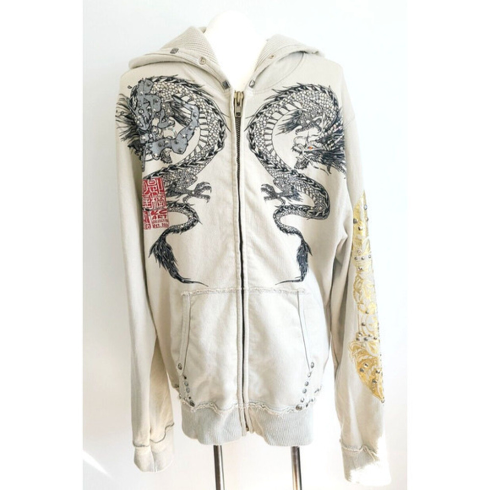 Key Closet Art Collection Dragon Cross Rhinestone Studded Zip Hoodie Cream